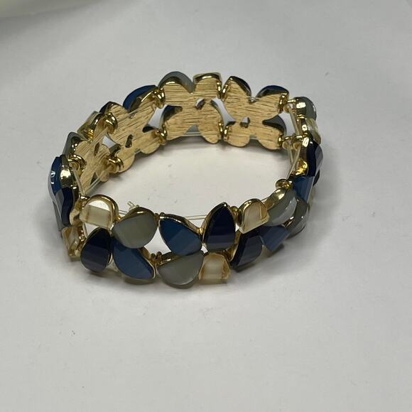 gold tone bracelet faux jewels in teals blue green costume jewelry - Picture 7 of 11